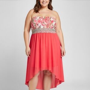 New Look Coral Floral Strapless Hi-Low Flowy Dress Womens Plus Size 3X